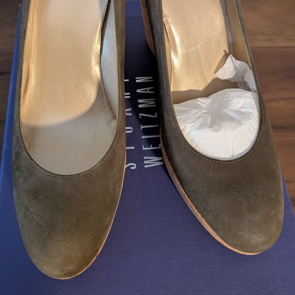 Stuart Weitzman Corkswoon Suede Heels Loden 11.5 M - Picture 2 of 8